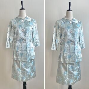 Vintage 60s Custom Satin Jacquard Vogue Couturier Design Skirt Suit 2 pcs XS S